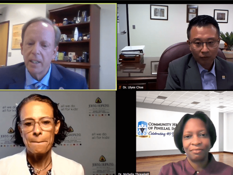 Pictured clockwise from top left, Pinellas County school superintendent Mike Grego and three members of his medical advisory panel — Ulyee Choe, Nichelle Threadgill and Allison Messina — tell reporters Oct. 12, 2020, during a Zoom call that it's safe for thousands more students to return to in-person classrooms. [ Pinellas County Schools ]