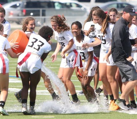 BOCA RATON - Robinson may have won the Class 1A state flag football title for the fourth straight time, but they did miss on the Gatorade shower for coach Josh Saunders, dodging in black cap at right. Scott Purks, Special to the Times [ SCOTT PURKS | Special to the Times ]