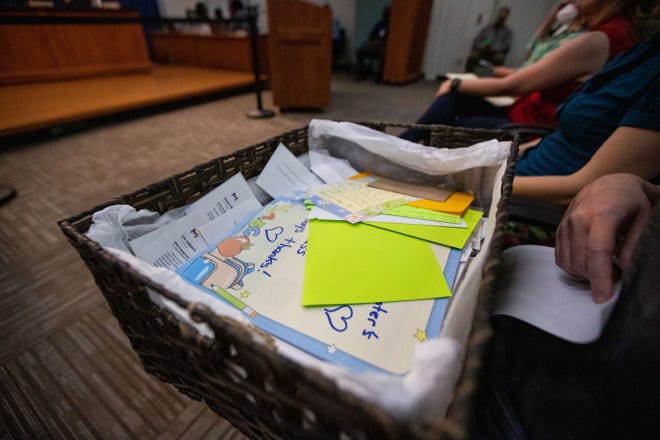 More than 300 handwritten letters, emails and cards were given to Leon County Schools Superintendent Rocky Hanna as a show of support from parents, educators and students during a LCS School Board meeting Tuesday, May 9, 2023. 